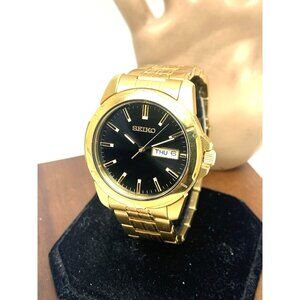 Seiko Men's Watch SUR358 Quartz Gold Stainless Steel Black Dial Day Date 39mm